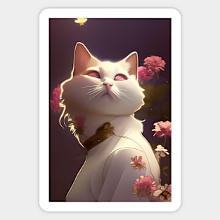 Anime White Cat Surrounded by Pink Flowers Sticker